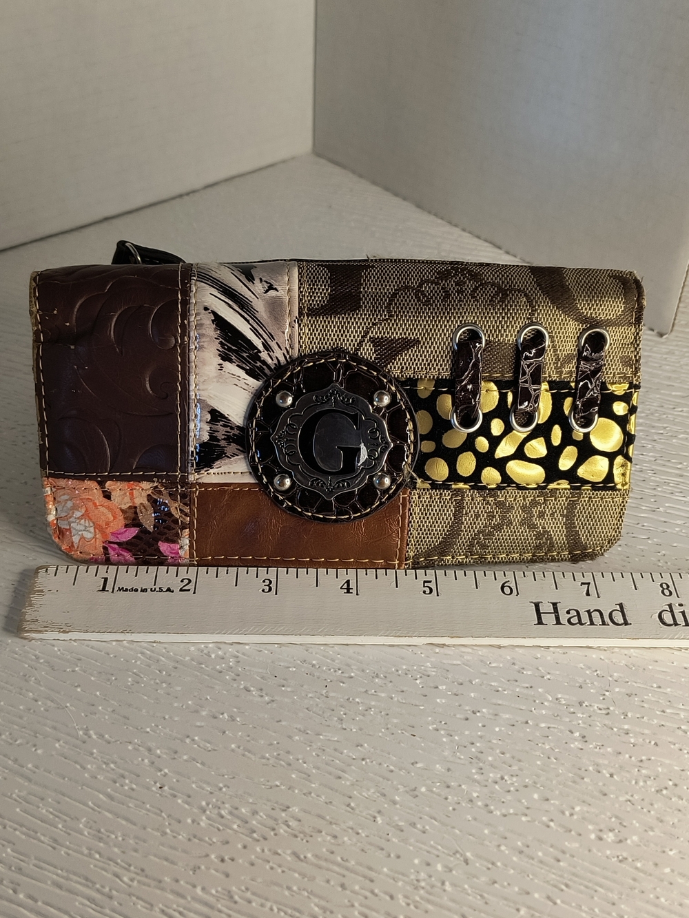 Patchwork Wallet with Decorative 'G' Medallion - Brown & Gold